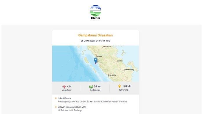 Gempa Bumi Magnetudo 4,9 Guncang Pesisir Selatan, Sumatra Barat Pada Sabtu, (25/6)