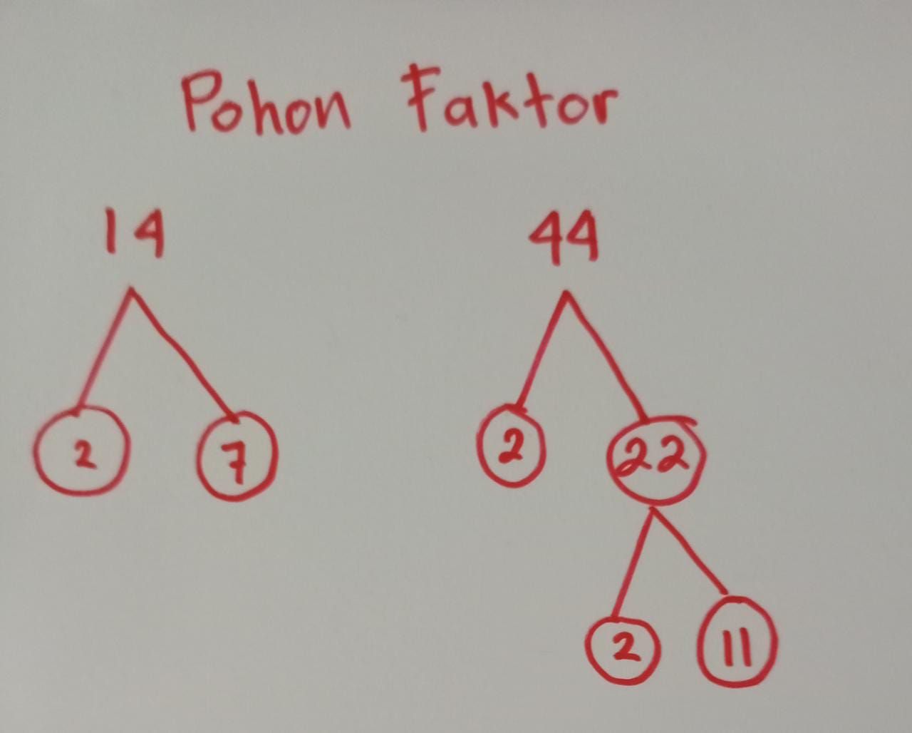 pohon faktor untuk menentukan faktorisasi prima dari bilangan 14 dan 44/Sri Setiyowati/Portal Pekalongan