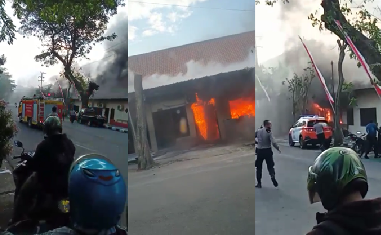 Suasana saat peristiwa kebakaran di Polres Kediri Kota hari ini Senin 27 Juni 2022.