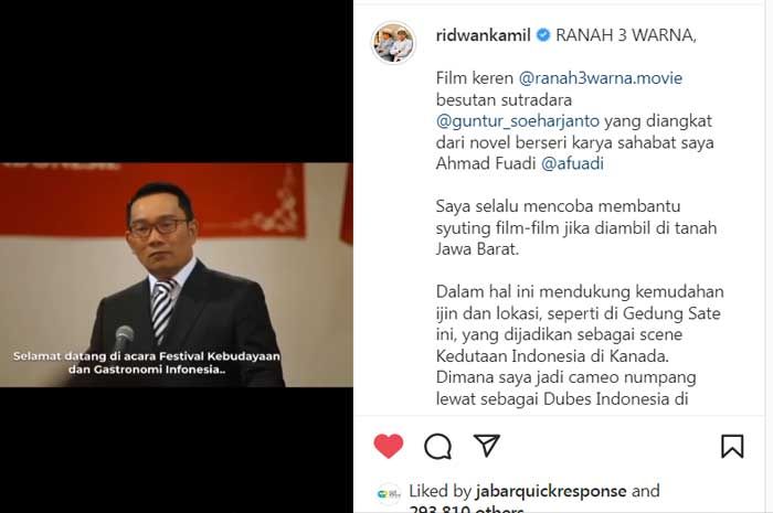 Gubernur Jawa Barat, Ridwan Kamil akan ikut berperan di film Ranah 3 Warna.