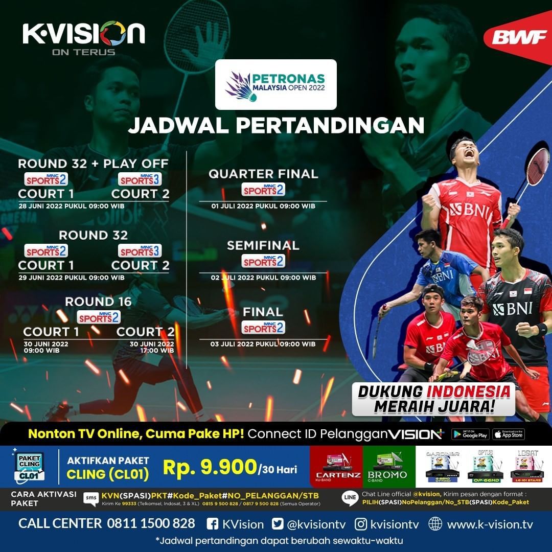 Link Live Streaming Badminton Petronas Malaysia Open 2022 Babak 32 Besar Hari ke-2 Hari ini Rabu 29 Juni 2022