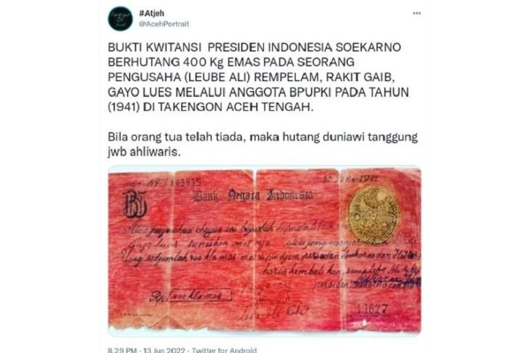 Tangkapan layar unggahan kuitansi utang Soekarno 400 kg emas kepada penguasaha asal Aceh.