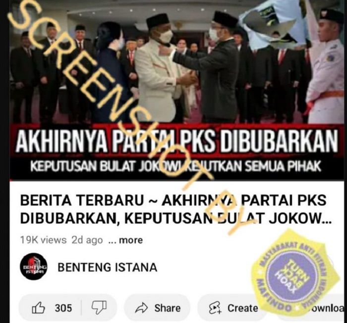 Konten video hoaks yang menyebut PKS dibubarkan oleh Jokowi
