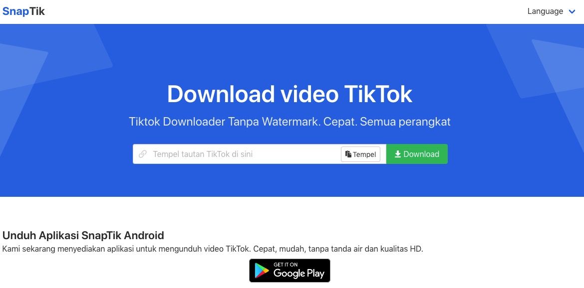 Tampilan laman SnapTik untuk men-download video TikTok tanpa watermark.