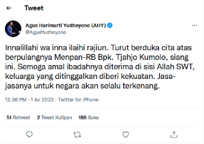 Agus Harimurti Yudhoyono ucapkan bela sungkawa atas meninggalnya Menteri PAN-RB Tjahjo Kumolo
