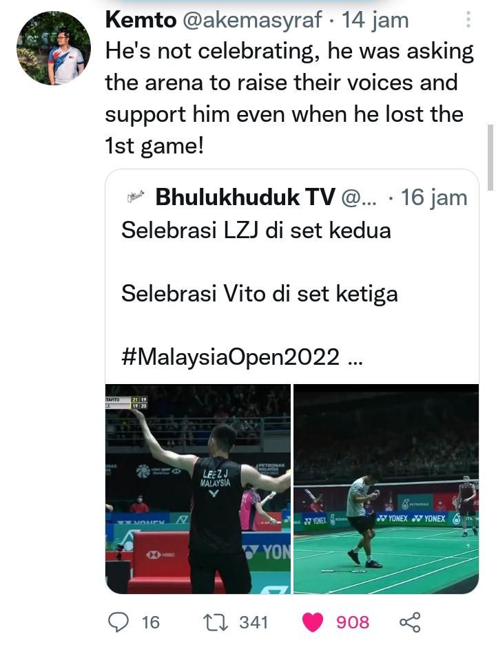 Unnggahan Tiwitter @BulukhudukTV atas selebrasi kedua pemain saat laga Malaysia Open 2022