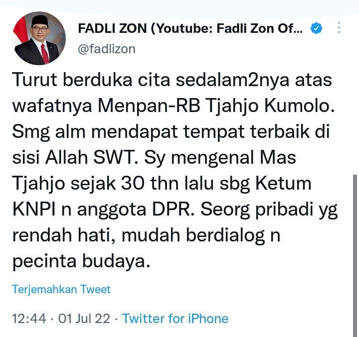 Cuitan Fadli Zon tentang Menpan RB Tjahjo Kumolo.