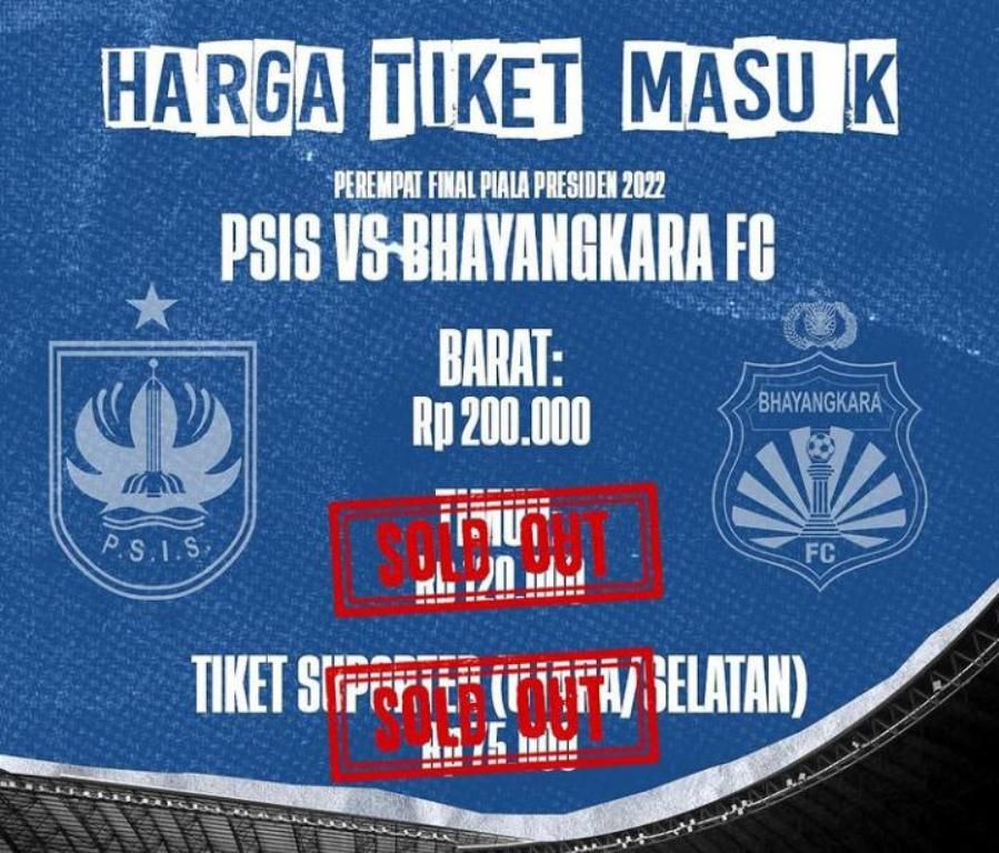 Tiket masuk pertandingan perempat final PSIS Semarang vs Bhayangkara FC yang tinggal tribun barat.