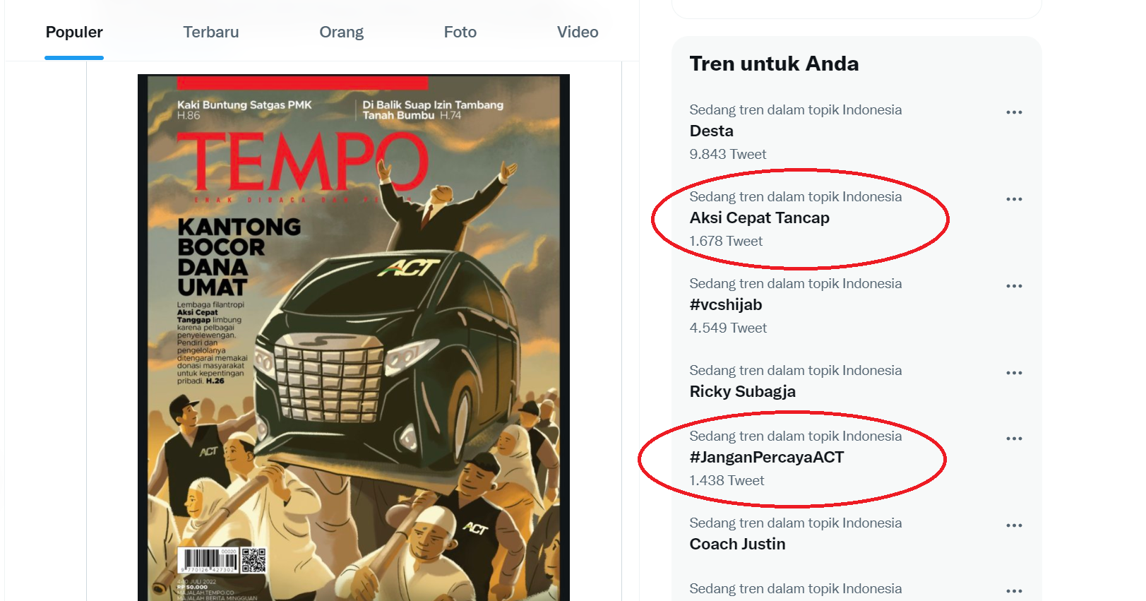 Tagar 'Jangan Percaya ACT' dan 'Aksi Cepat Tancap' Trending topic di Twitter