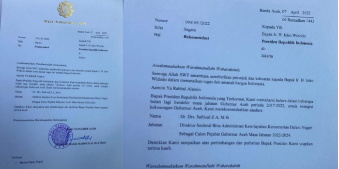 Surat berkop Wali Nanggroe, merekomendasi Pj Gubernur Aceh. Tapi belum terkonfirmasi terkait kebenaran atau keabsahan surat tersebut. 