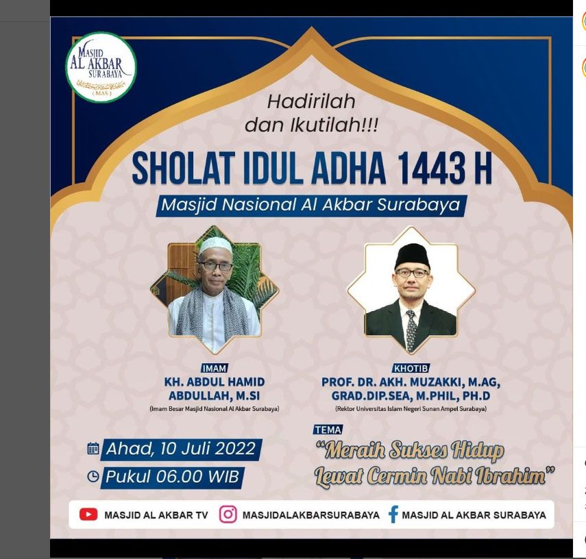 Jadwal Imam Dan Khotib Shalat Idul Adha 1443 H Masjid Al Akbar Surabaya