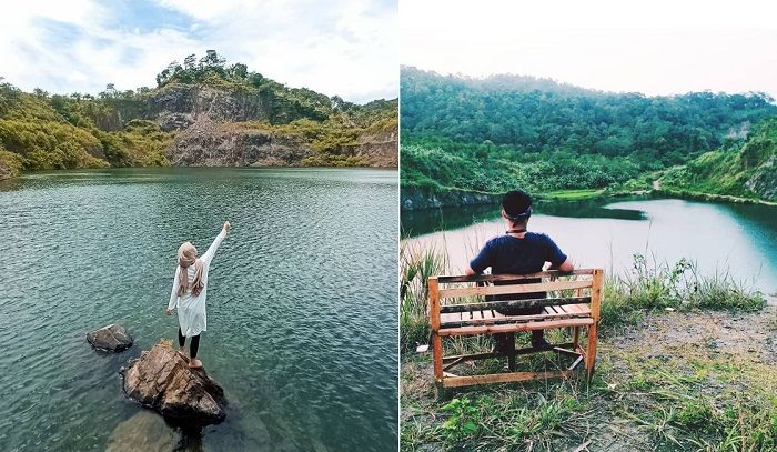 Wisatawan sedang selfie menikmati pesona Danau Quarry di Bogor 