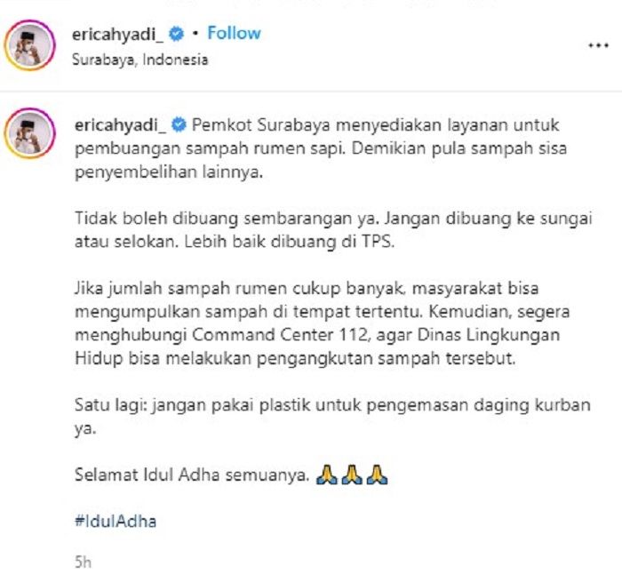 Himbauan Wali Kota Surabaya Eri Cahyadi.