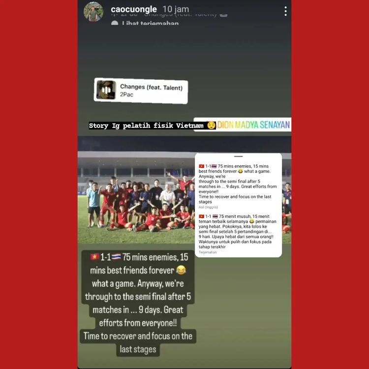 Unggahan Kontroversial Pelatih fisik Vietnam U19 Cuong Lecao di Instagram Storynya dari Instagram Timnasindonesiaberita