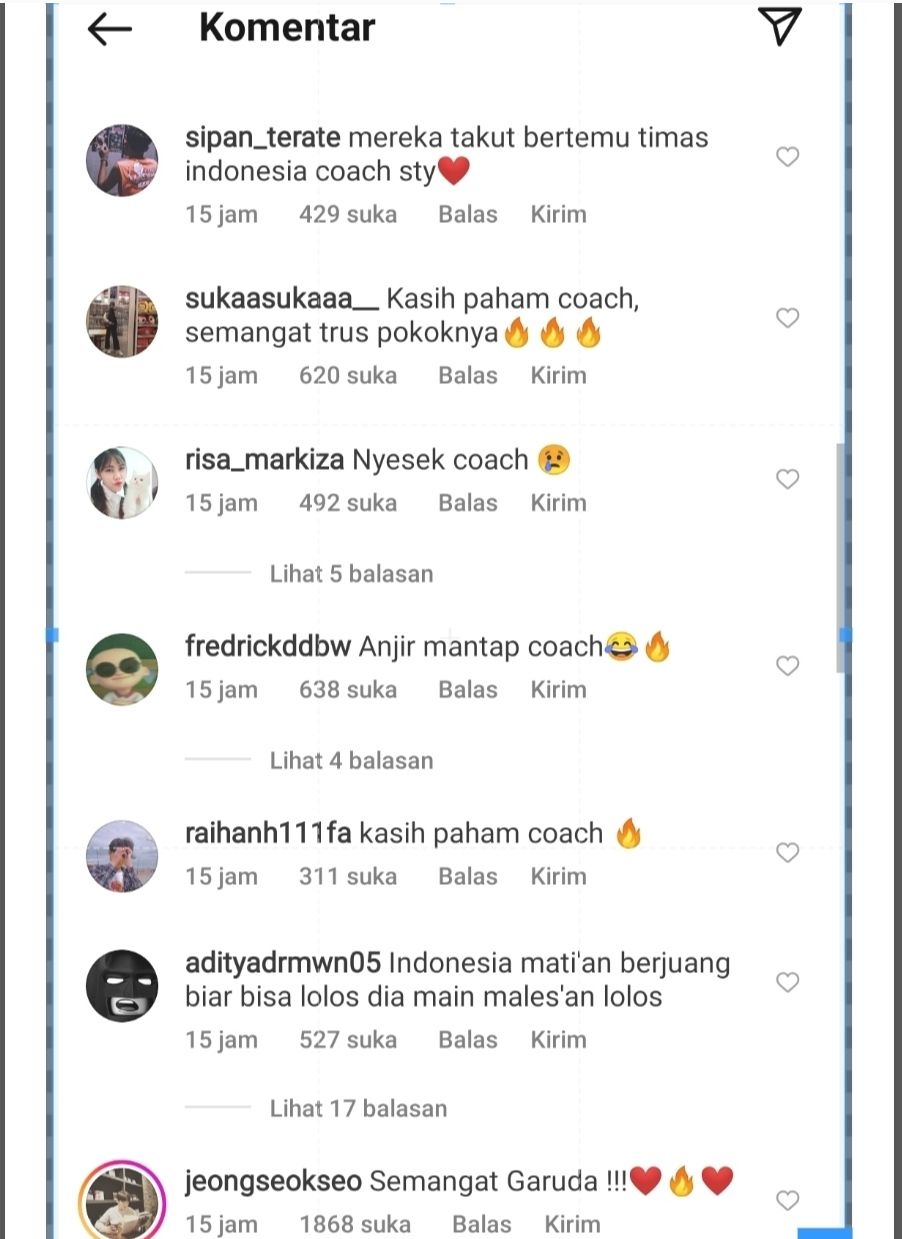 Komen Netizen di akun Instagram Shin Tae Yong. 