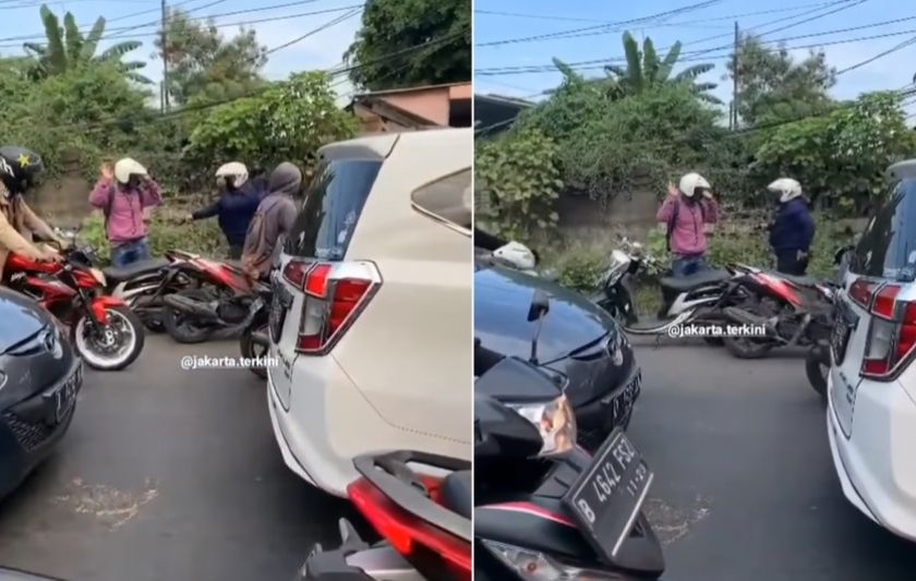 Keributan antara dua pengendara motor karena salah satunya melawan arus lalu lintas di Jalan Raya Bekasi Jakarta Timur, hingga pelaku menodongkan pisau karena tak terima ditegur
