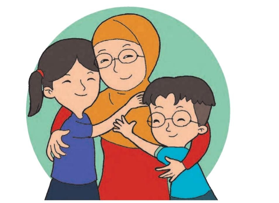 Gambar: Ibu sedang memeluk Udin dan Mutiara / buku tematik Kemendikbud revisi 2017