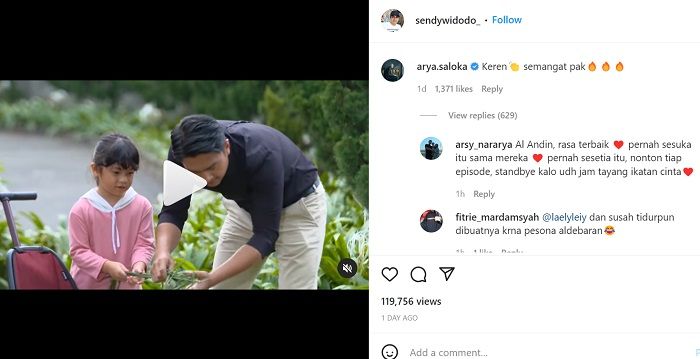 Komentar Arya Saloka pada postingan video trailer Ikatan Cinta./Instagram.@sendywidodo.