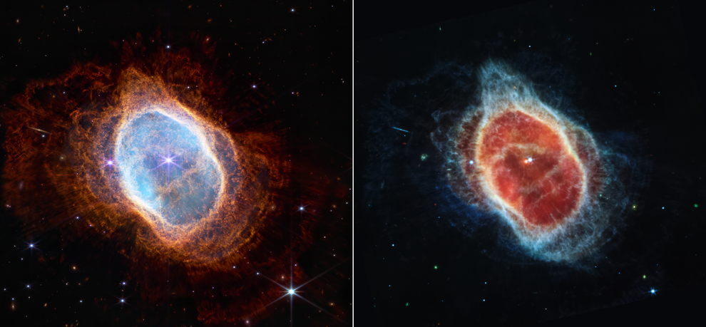 Nebula Cincin Selatan divisualisasikan dalam cahaya inframerah-dekat (kiri) dan cahaya inframerah-tengah (kanan) oleh Teleskop Webb NASA. Kredit Gambar: NASA, ESA, CSA, STScI Via PBS