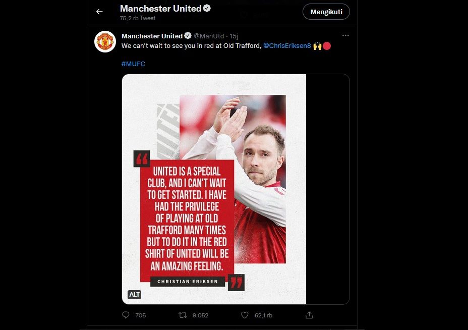 Manchester United mengumukan Christian Eriksen sebagai pemain anyar melalui akun Twitter @ManUtd