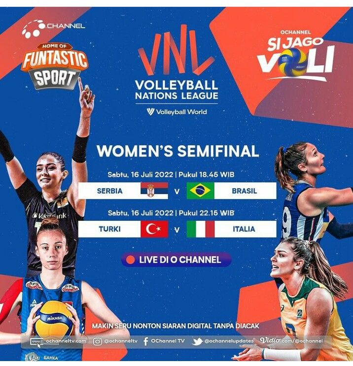 Jadwal Acara TV O Channel Sabtu, 16 Juli 2022 Ada Live Volleyball Nations League Dan Piala Presiden 2022