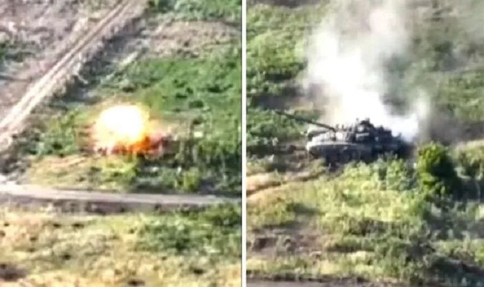 Rekaman drone menangkap momen Ukraina berhasil meledakkan tank bebek duduk Rusia di Dovhenke, Kharkiv Oblast.*  