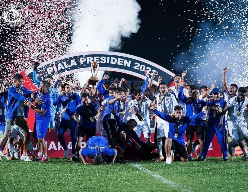 Selebrasi tim Arema FC, setelah menjuarai Piala Presiden 2022