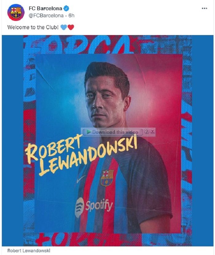 Barcelona mengumumkan bergabungnya Robert Lewandowski secara resmi dari Barcelona.
