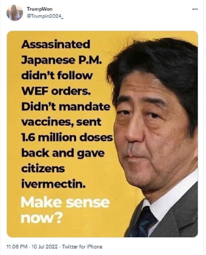 HOAKS - Beredar unggahan yang menyebut Shinzo Abe dibunuh lantaran menolak perintah soal vaksin Covid-19.*