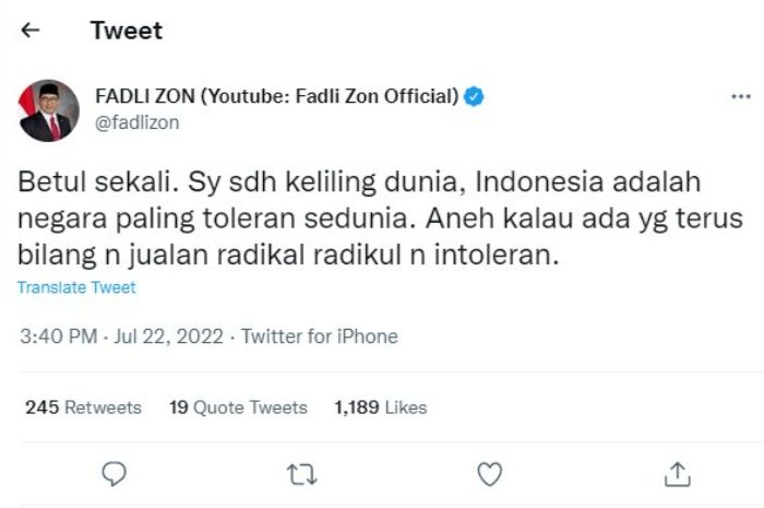 Cuitan Fadli Zon menanggapi isu toleransi di Indonesia.