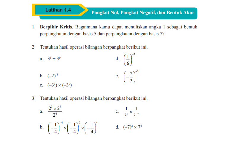 Pangkat Nol, Pangkat Negatif, dan Bentuk Akar, kunci jawaban Matematika kelas 9 halaman 46-49 Latihan 1.4 Kurikulum 2013.