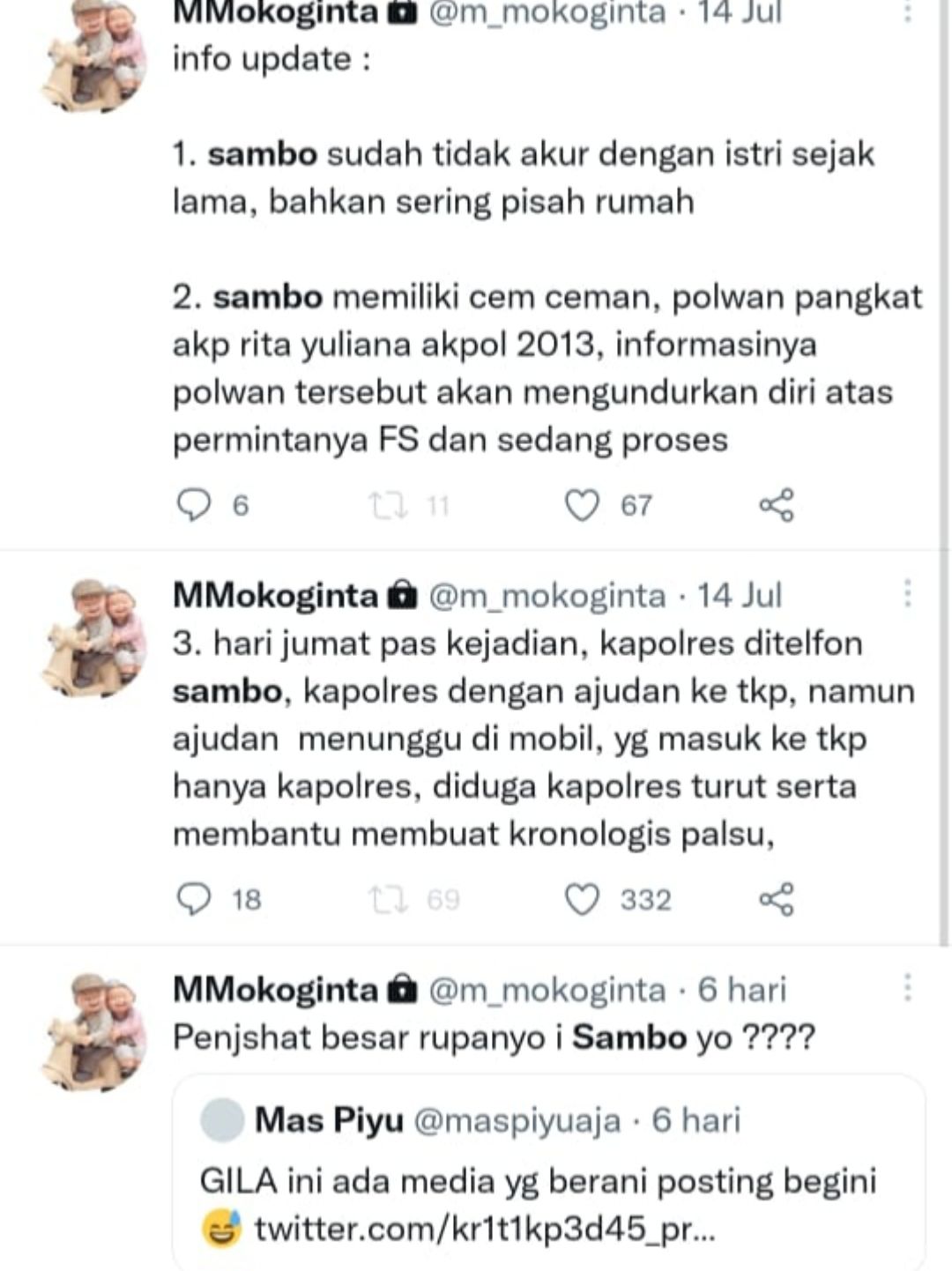 Cuitan terkait Ferdy Sambo dan AKP Rita Yuliana oleh akun Twitter M_mokoginta