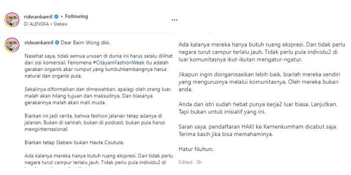 Ridwan Kamil memberikan kritik pada Baim Wong soal HAKI Citayam Fashion Week.