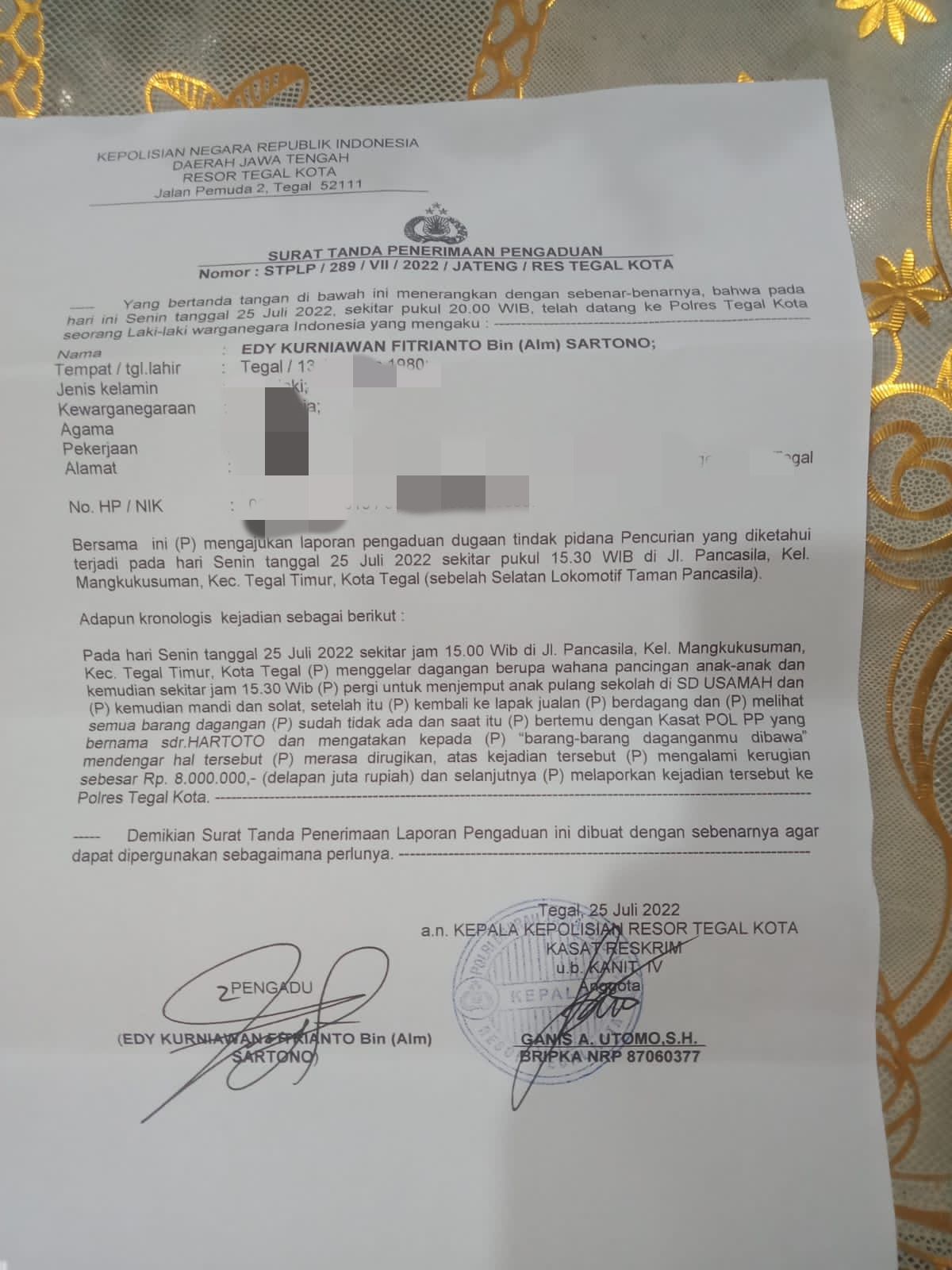 Surat laporan pegaduan PKL Taman Pancasila Kota Tegal 
