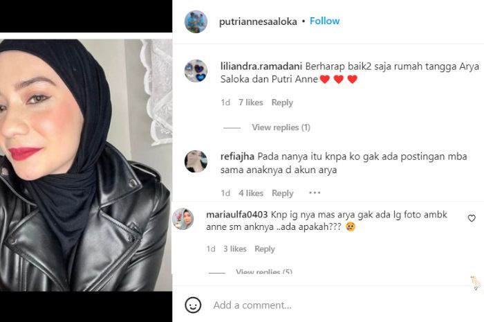 Putri Anne dihujani pertanyaan dan doa dari netizen usai Arya Saloka menghilangkan fotonya dan sang anak.*