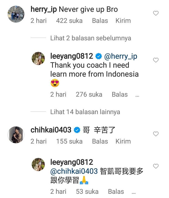 Jawaban Lee Yang atas komentar Herry IP di unggahan akun instagram pribadi @leeyang0812