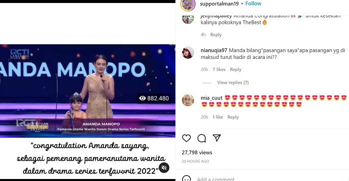 Momen saat Amanda Manopo mengucapkan terima kasih kepada pasangannya di ajang Indonesian Drama Series Awardas 2022 tampak menggandeng Fara Shakila pemeran Reyna di Ikatan Cinta ke atas panggung./Instagram.@supportalman19.