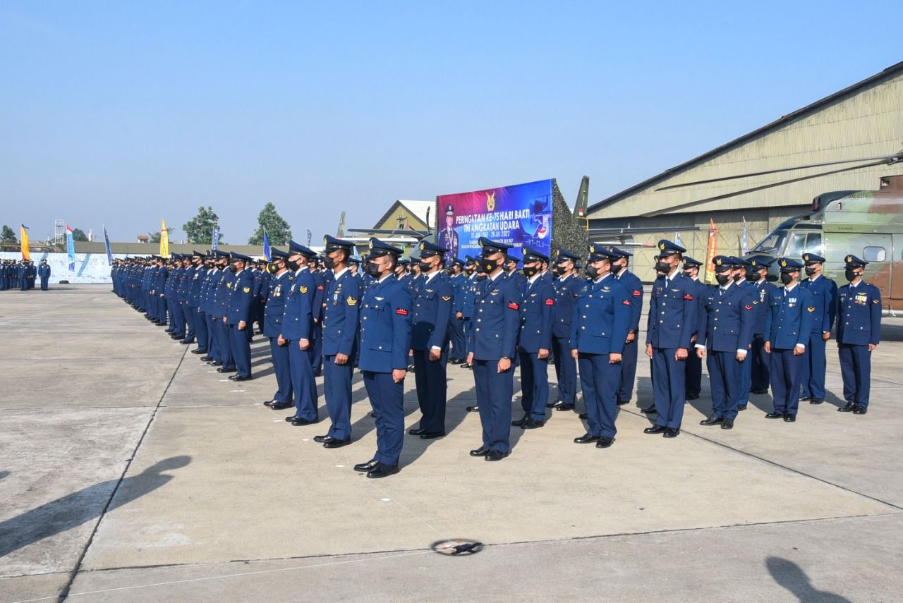 Peringatan ke-75 Hari Bakti TNI Angkatan Udara tahun 2022 di lapangan upacara Depohar 10 Bandung, Jumat, 29 Juli 2022./dok.IST