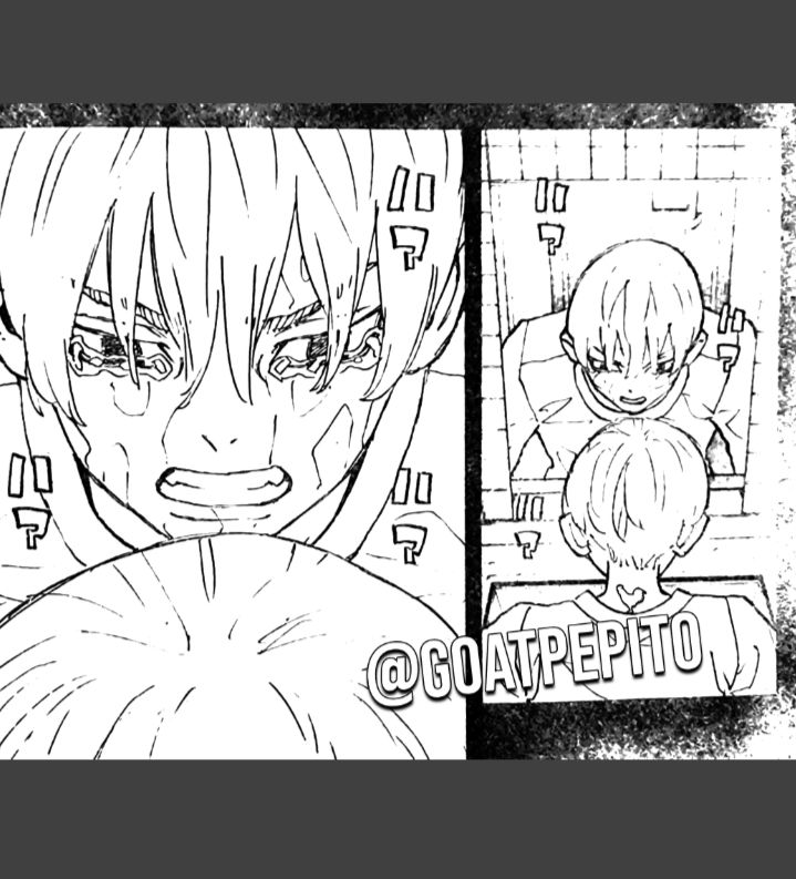 Sebuah panel menampilkan gambar Mikey yang menangis. Sepertinya Shinichiro.