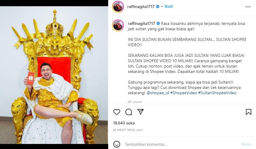 Menurut Raffi Ahmad, siapapun bisa menjadi sultan./Instagram @raffinagita1717