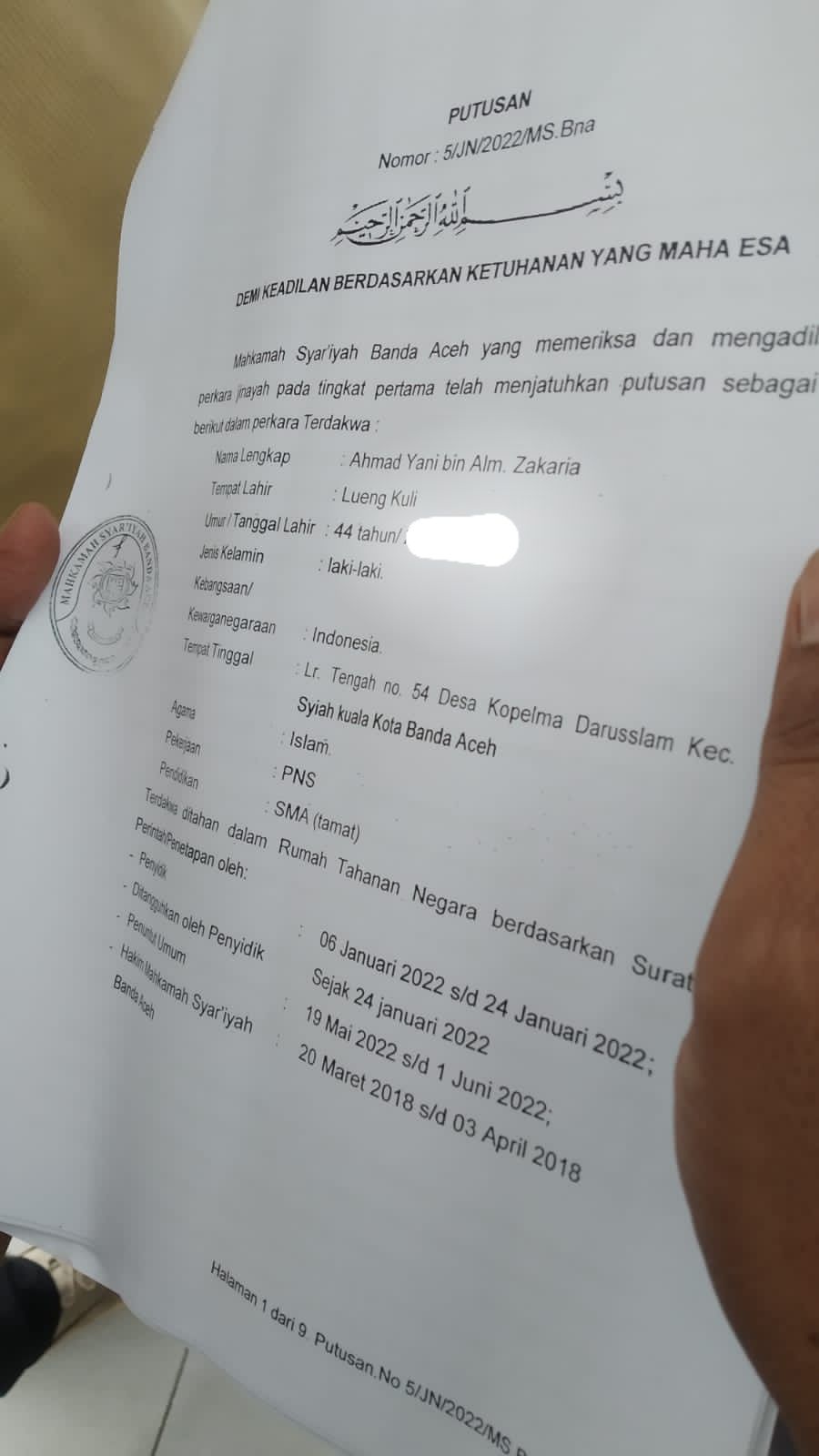 Surat Putusan Hukum Cambuk Mahkamah Syar'iyah Kota Banda Aceh