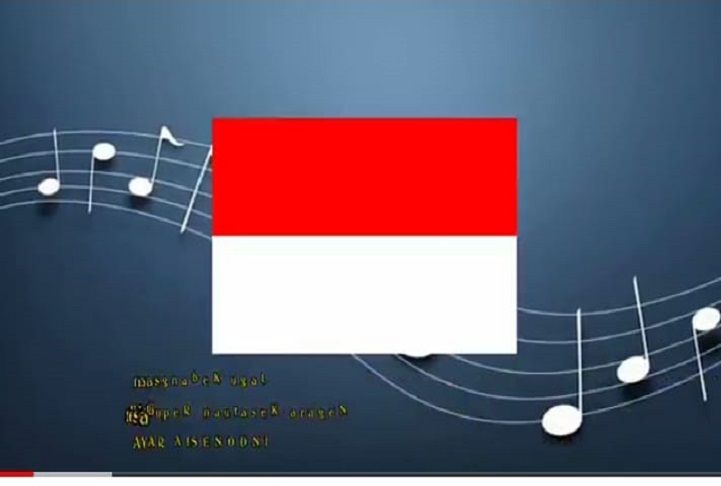 Ilustrasi teks atau lirik 5 lagu wajib nasional bangun pemuda pemudi, tanah air Indonesia, berkibarlah benderaku, bagimu negeri dan dari sabang sampai merauke.