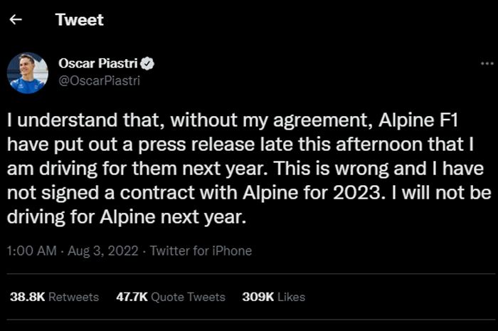 Cuitan Twitter Oscar Piastri yang menjelaskan bahwa dirinya belum menandatangani kontrak bersama Alpine.