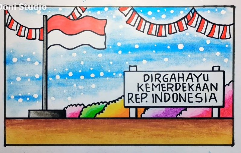 Contoh gambar tema Hari Kemerdekaan Indonesia untuk anak TK dan SD.