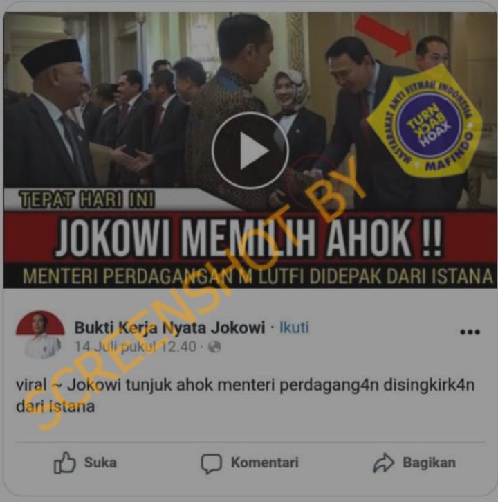 Tangkap layar thumbnail video yang menjelaskan informasi hoaks tentang penetapan Basuki Tjahaja Purnama atau Ahok sebagai Menteri Perdagangan .