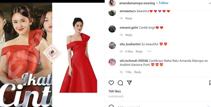 Poster Sinetron Ikatan Cinta terbaru menampilkan Amanda Manopo mengenakan gaun merah dan rambut disanggul terlihat lebih elegan dan glamor./Instagram.@amandamanopo.wearing.