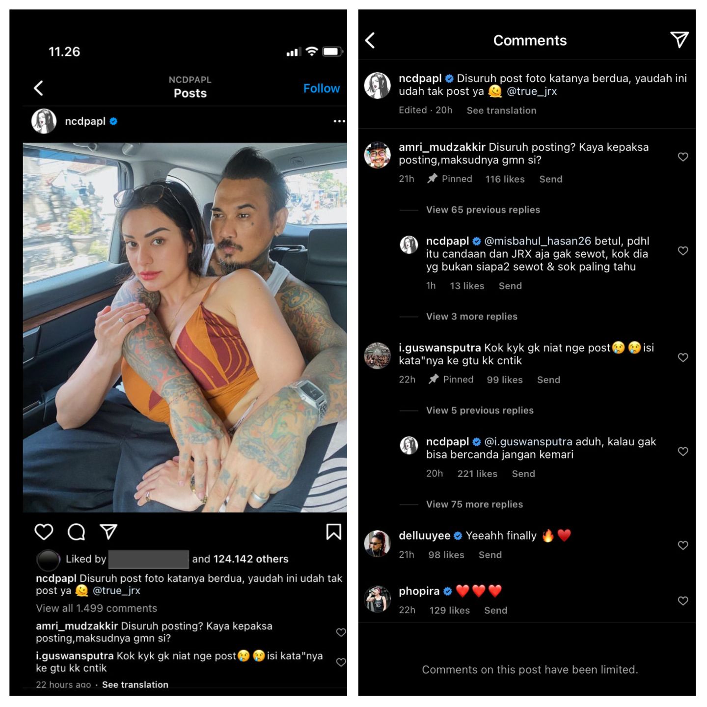Nora Alexandra menyentil netizen yang menuding dirinya tidak berniat mengunggah foto Jerinx SID pasca sang suami bebas dari penjara.*