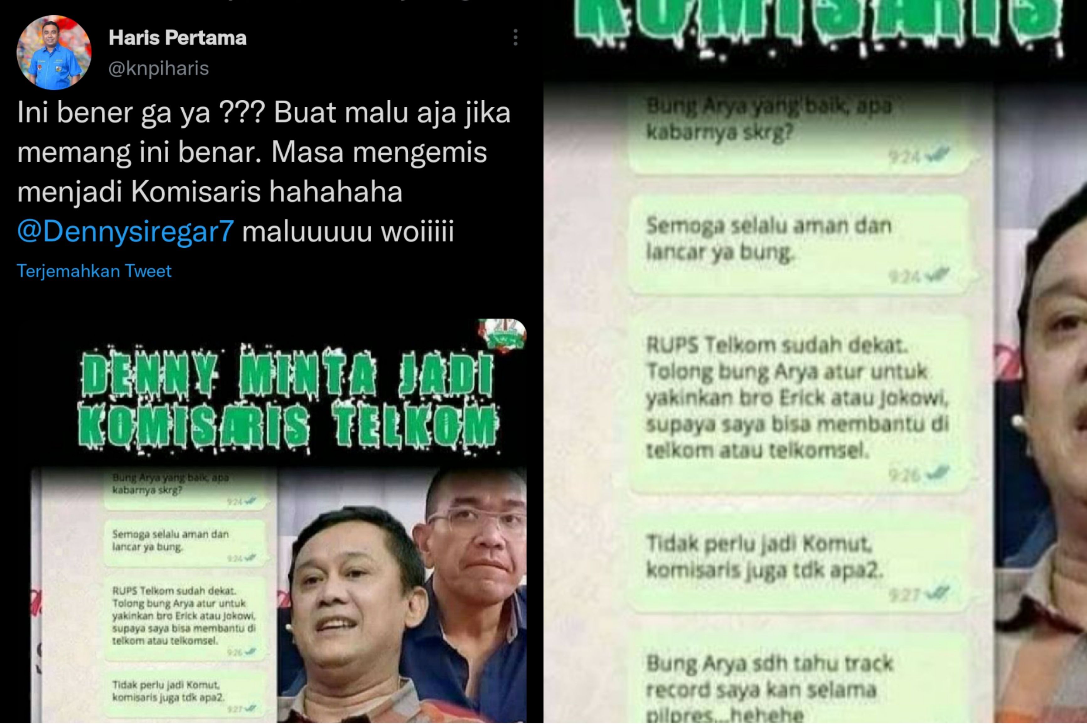 Haris Pertama menanggapi beredarnya foto tangkap layar yang menampilkan Denny Siregar yang diduga minta jabatan Komisaris PT Telkom
