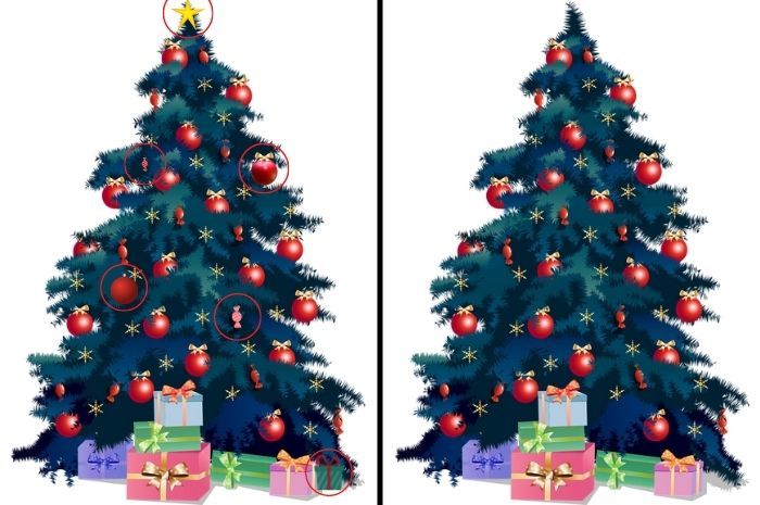 Jawaban tes IQ dalam menemukan perbedaan di gambar pohon natal. 