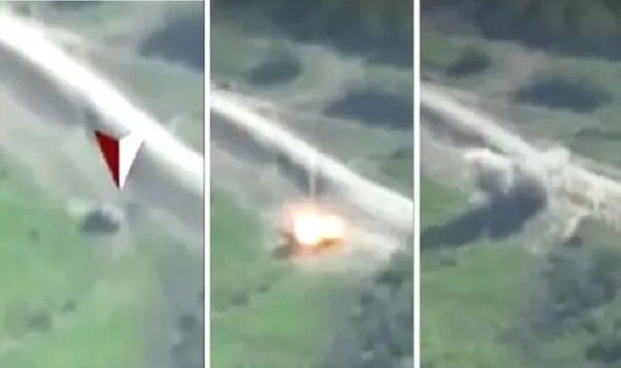 Sebuah tank Rusia meledak setelah mencoba melarikan diri dari serangan pesawat tak berawak (drone) Ukraina.*  